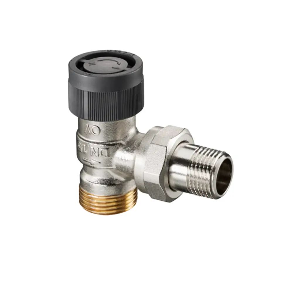 Thermostatventil von Oventrop in Eckform mit verschiedenen Gewindeanschlüssen. Das Produkt ist aus Metall gefertigt und hat eine kompakte Bauweise.